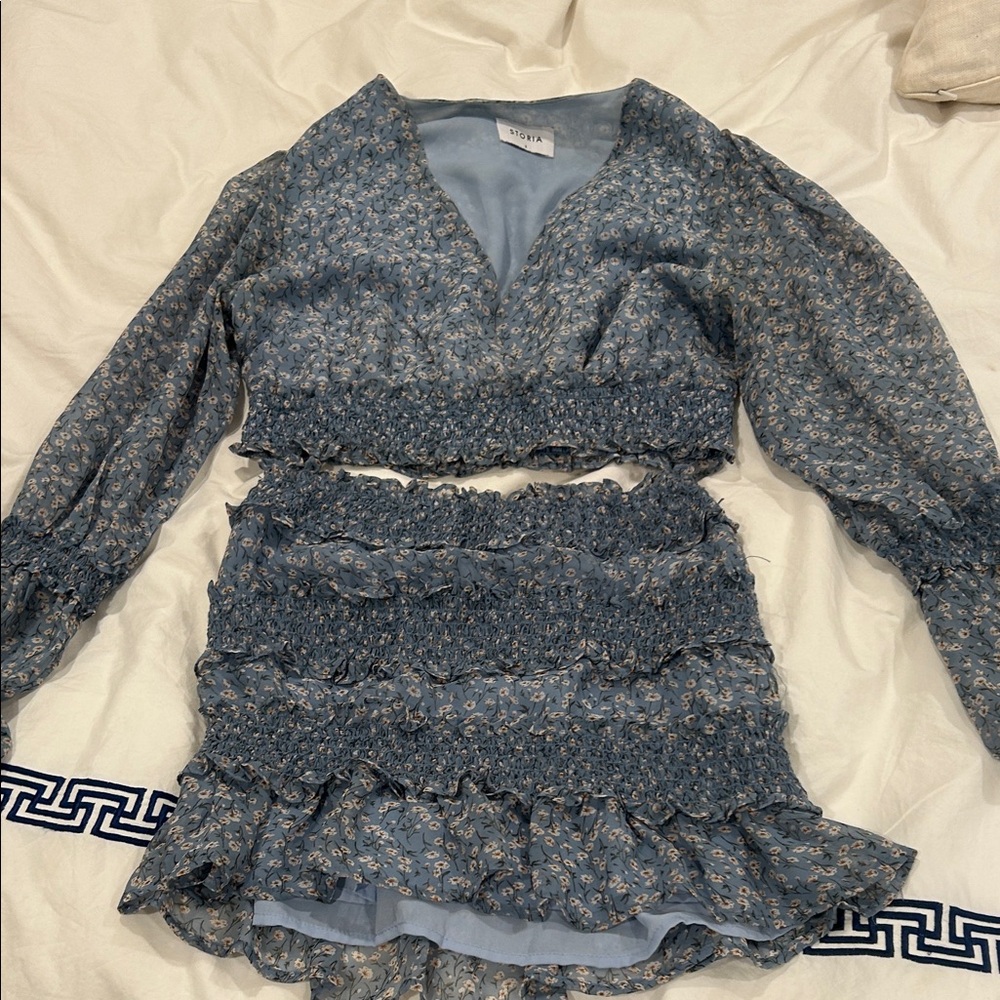 Storia Blue Floral Smocked Crop Top and Mini Skirt Set